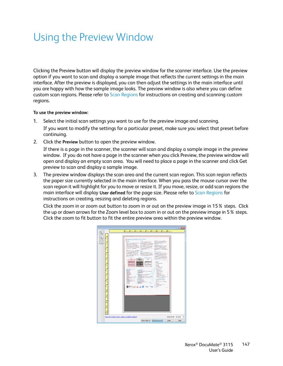 Xerox xerox documate 3115 manual Using the Preview Window 