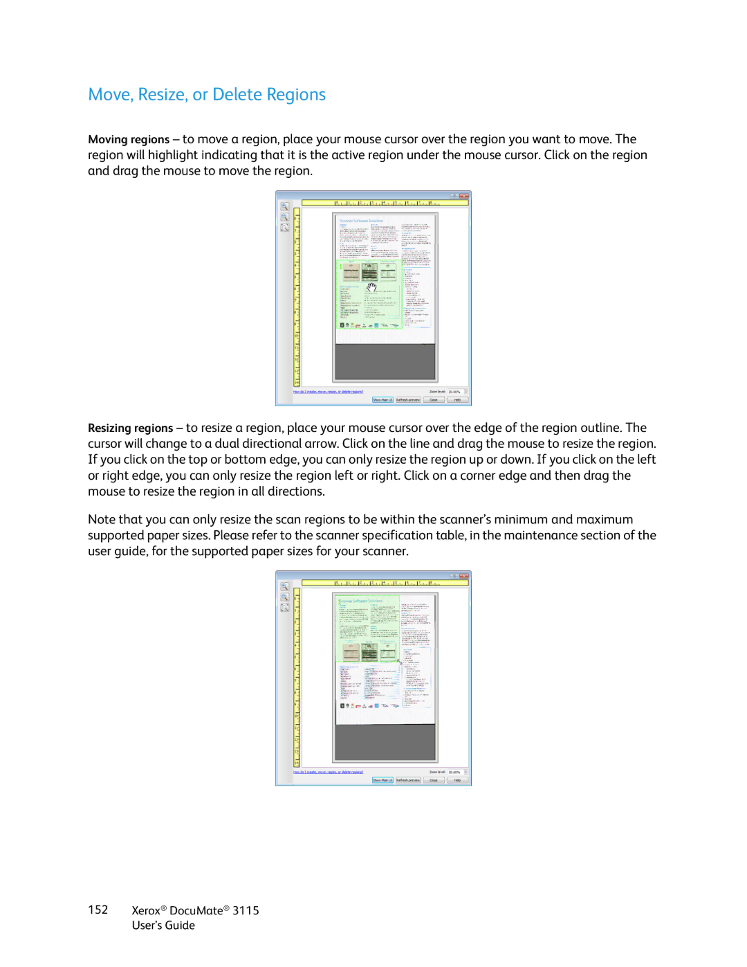 Xerox xerox documate 3115 manual Move, Resize, or Delete Regions 