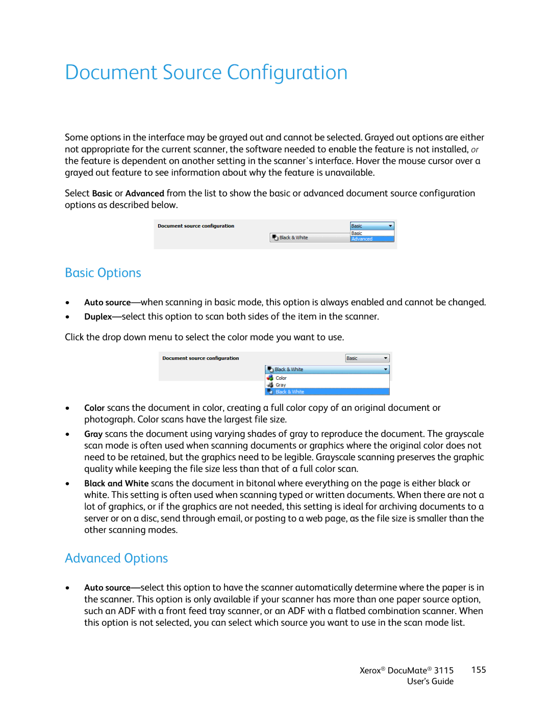 Xerox xerox documate 3115 manual Document Source Configuration, Basic Options, Advanced Options 