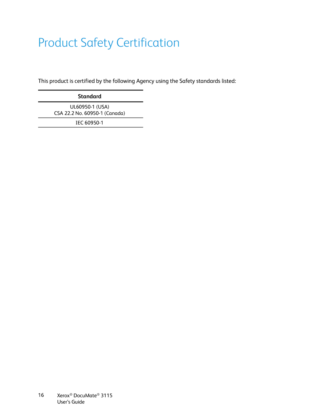 Xerox xerox documate 3115 manual Product Safety Certification 