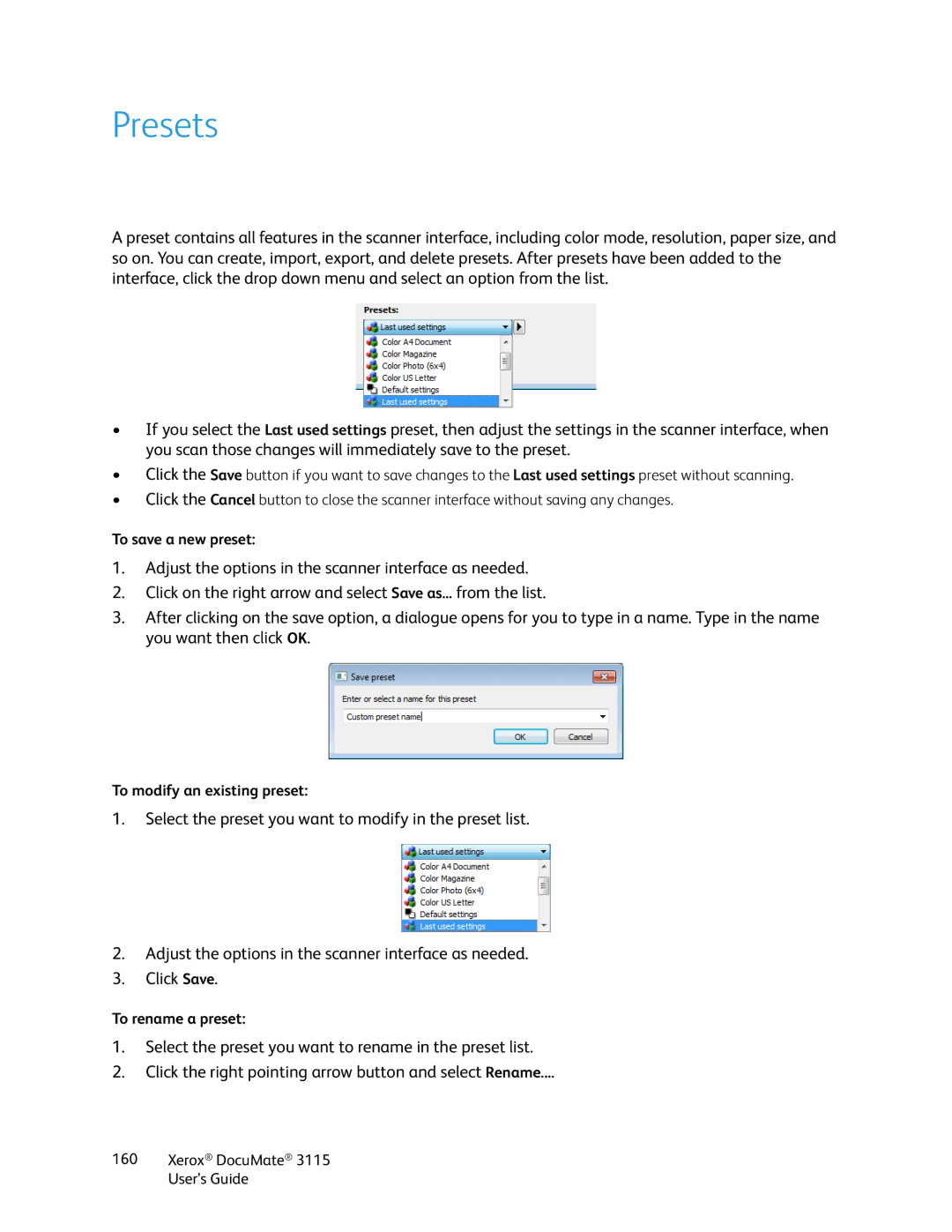 Xerox xerox documate 3115 manual Presets 