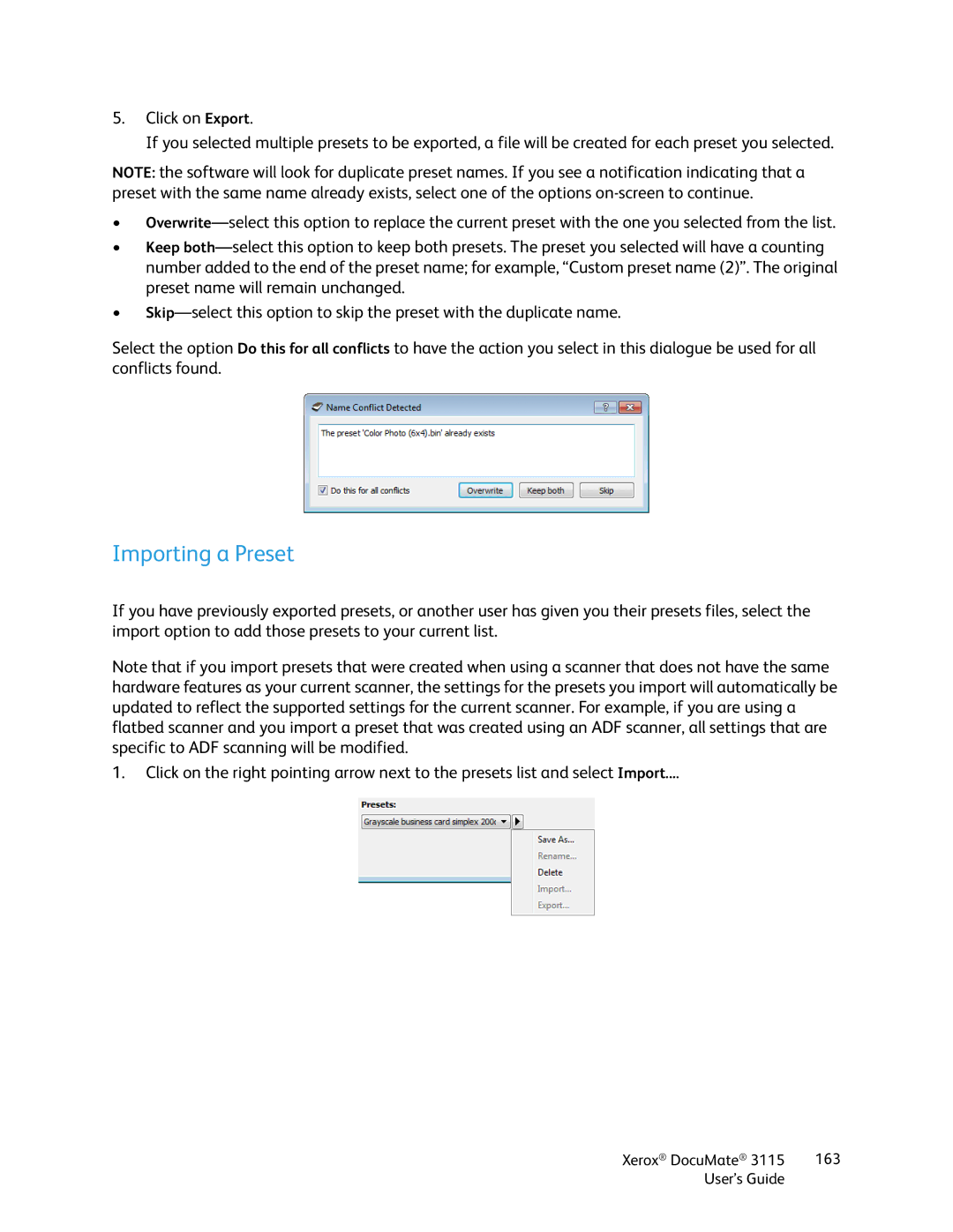 Xerox xerox documate 3115 manual Importing a Preset 