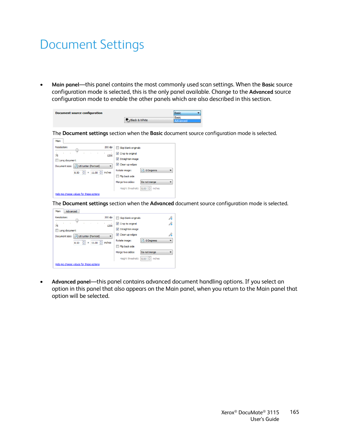 Xerox xerox documate 3115 manual Document Settings 