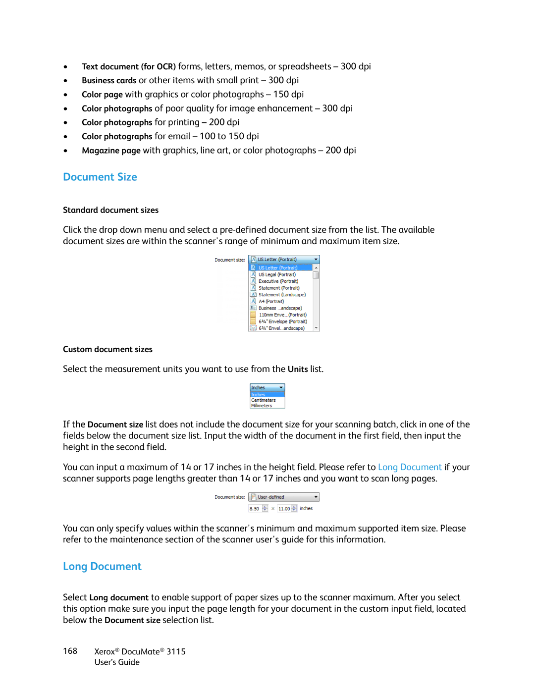 Xerox xerox documate 3115 manual Document Size, Long Document 