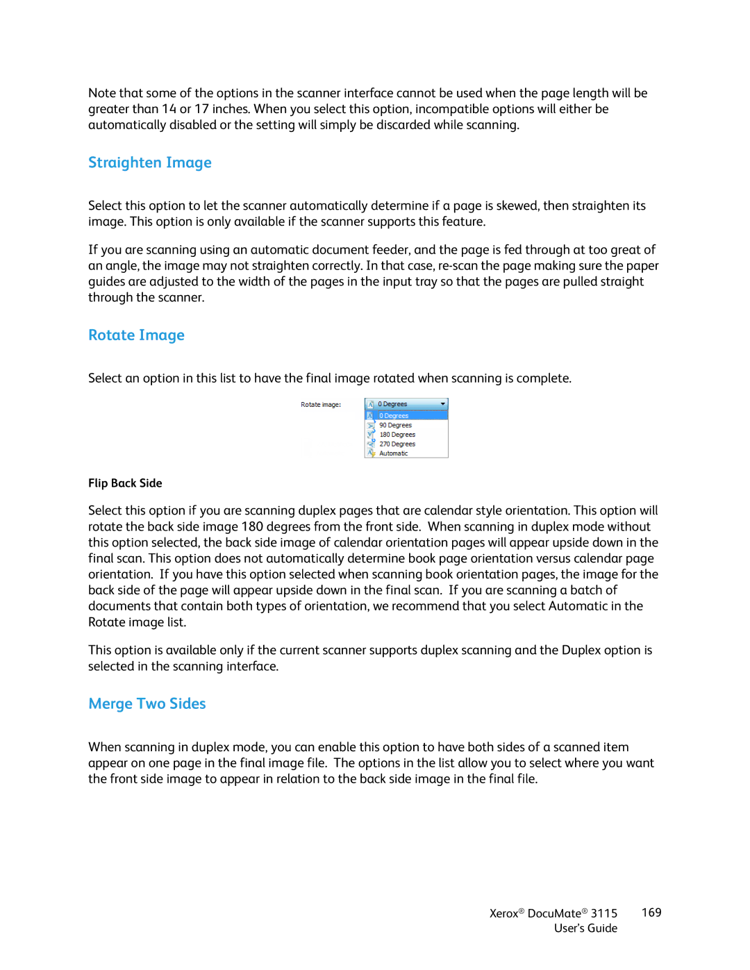 Xerox xerox documate 3115 manual Straighten Image, Rotate Image, Merge Two Sides 