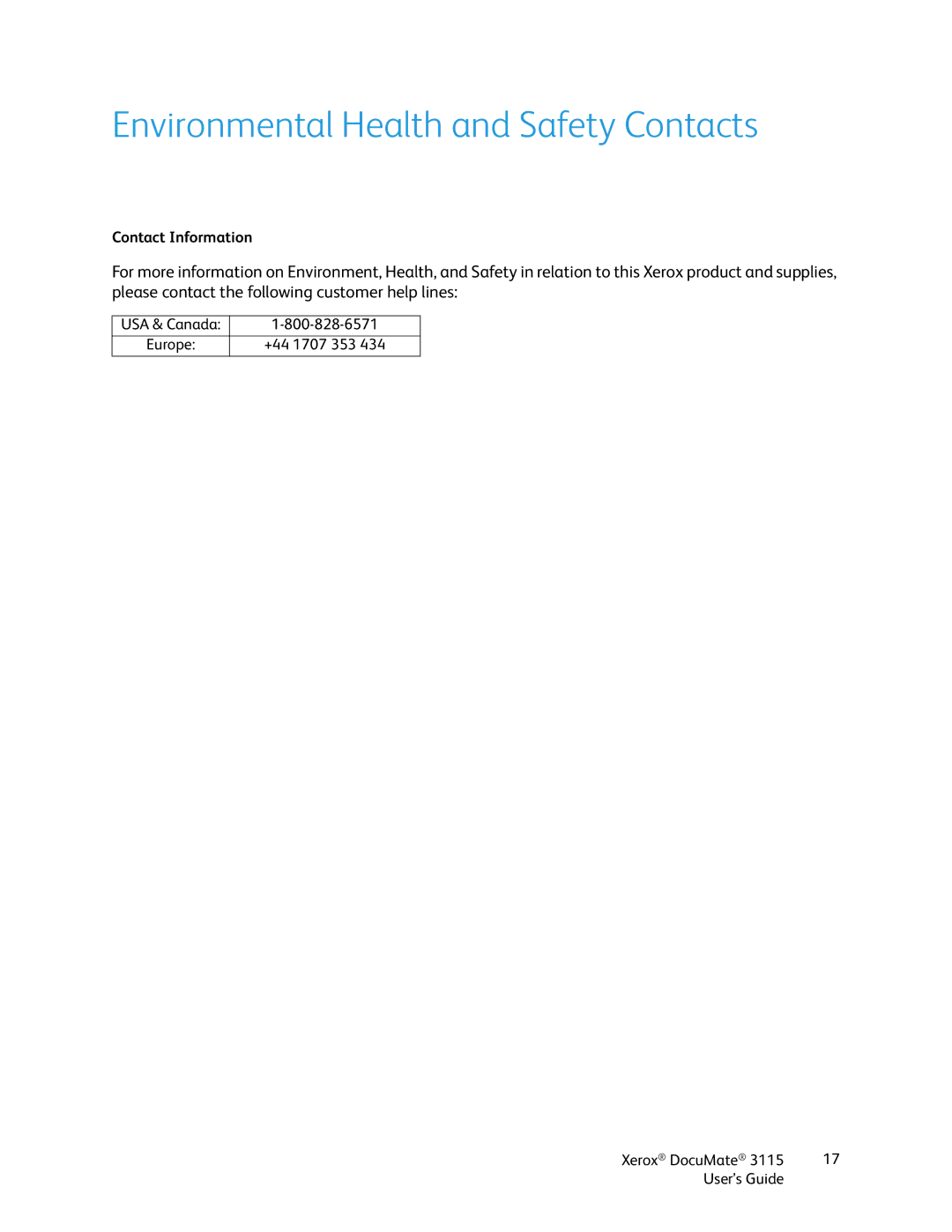 Xerox xerox documate 3115 manual Environmental Health and Safety Contacts 