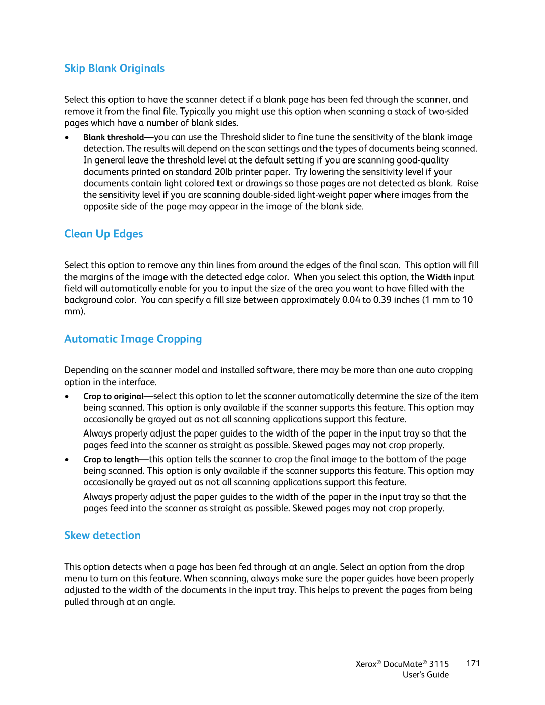 Xerox xerox documate 3115 manual Skip Blank Originals, Clean Up Edges, Automatic Image Cropping, Skew detection 