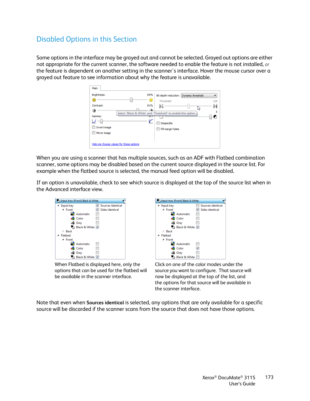 Xerox xerox documate 3115 manual Disabled Options in this Section 