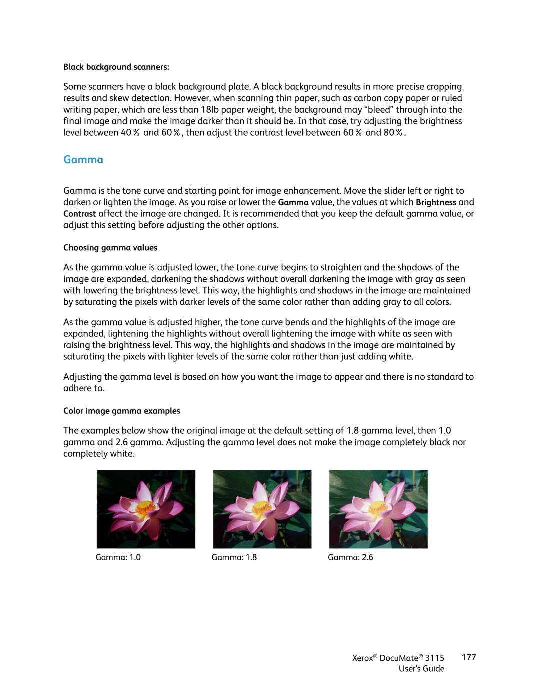 Xerox xerox documate 3115 manual Gamma, Choosing gamma values 