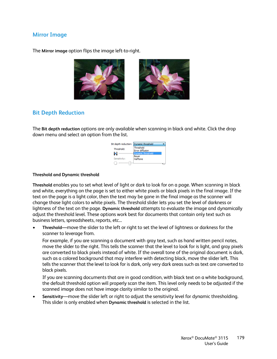 Xerox xerox documate 3115 manual Mirror Image, Bit Depth Reduction 