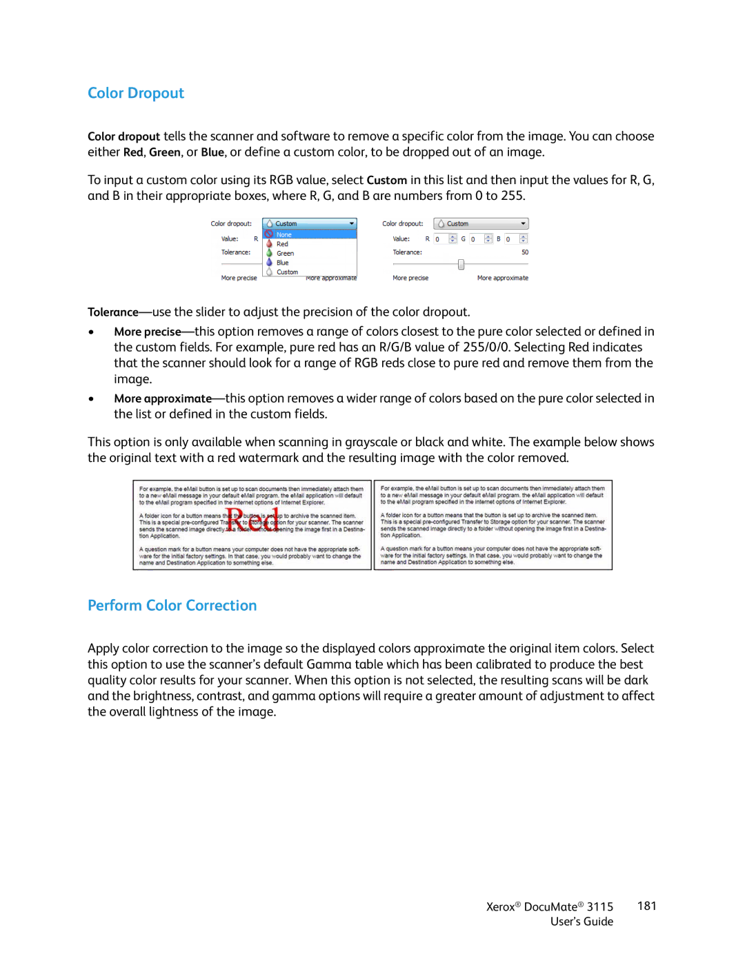 Xerox xerox documate 3115 manual Color Dropout, Perform Color Correction 