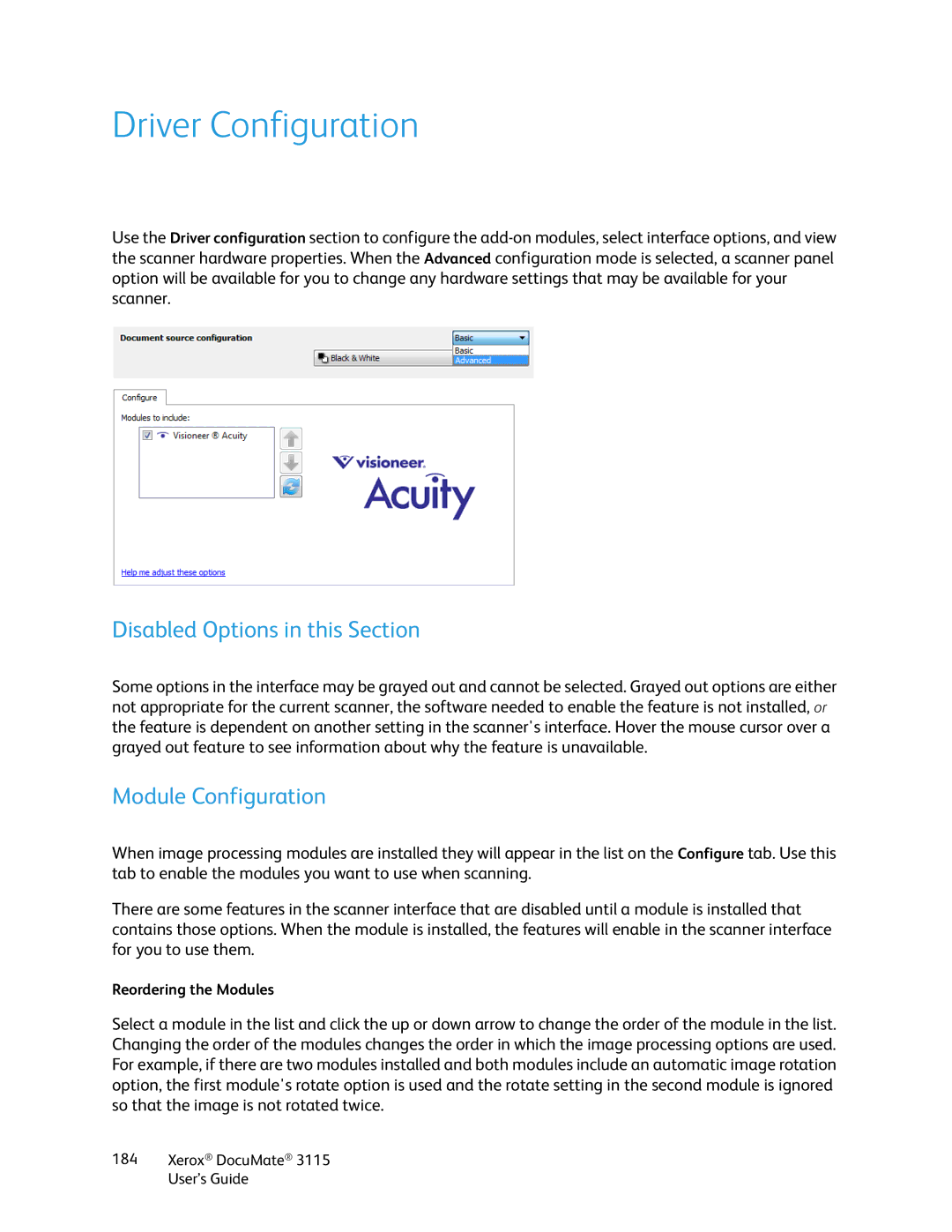 Xerox xerox documate 3115 manual Driver Configuration, Module Configuration 