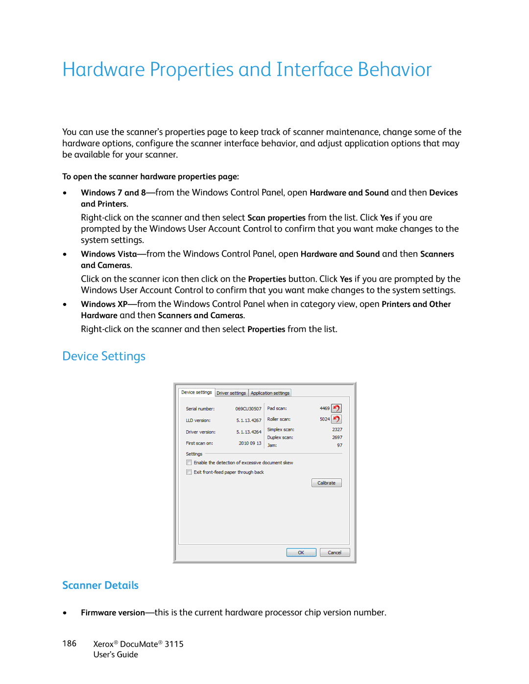 Xerox xerox documate 3115 manual Hardware Properties and Interface Behavior, Scanner Details 