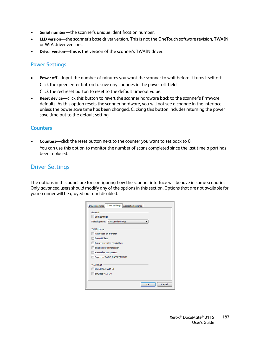 Xerox xerox documate 3115 manual Power Settings, Counters 