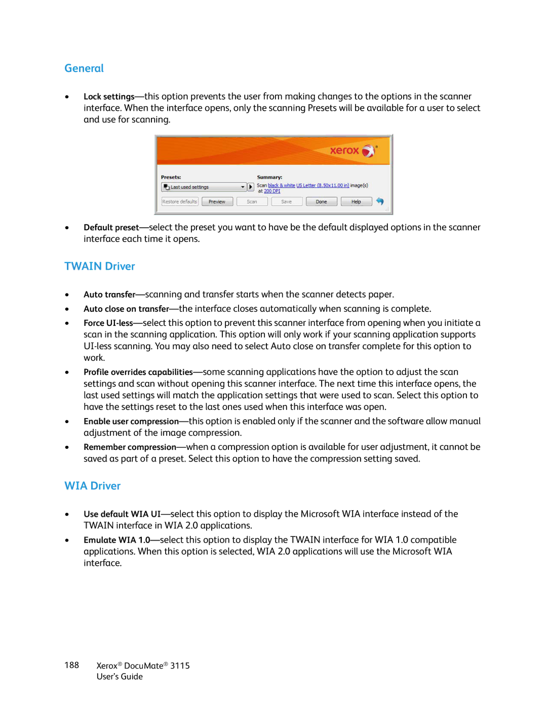 Xerox xerox documate 3115 manual General, Twain Driver, WIA Driver 
