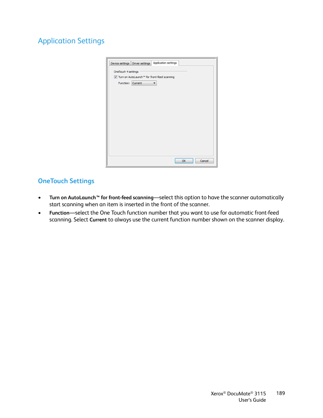 Xerox xerox documate 3115 manual Application Settings, OneTouch Settings 