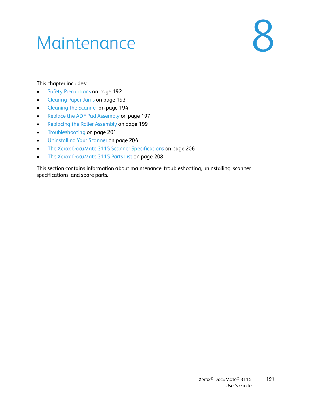 Xerox xerox documate 3115 manual Maintenance8 