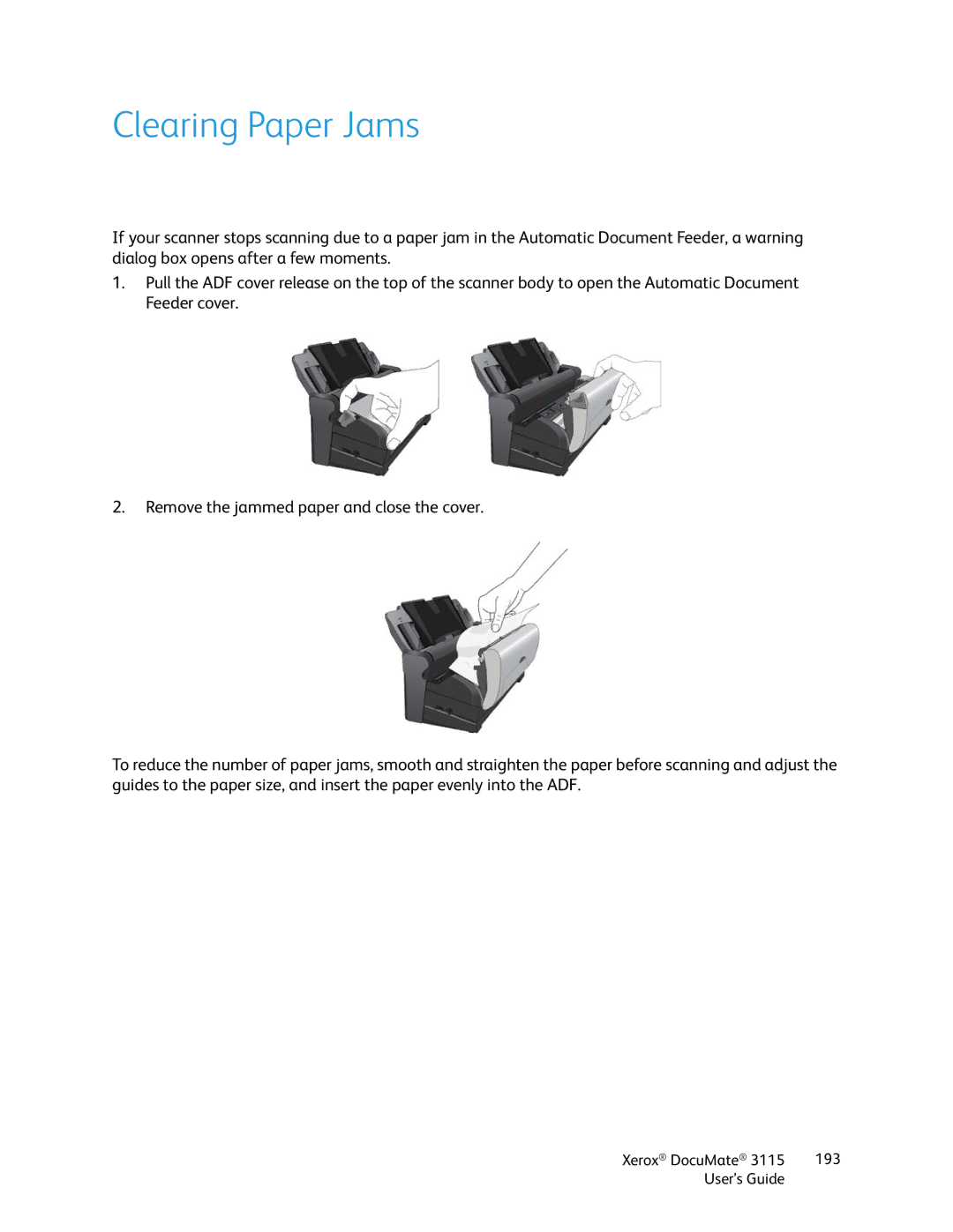 Xerox xerox documate 3115 manual Clearing Paper Jams 