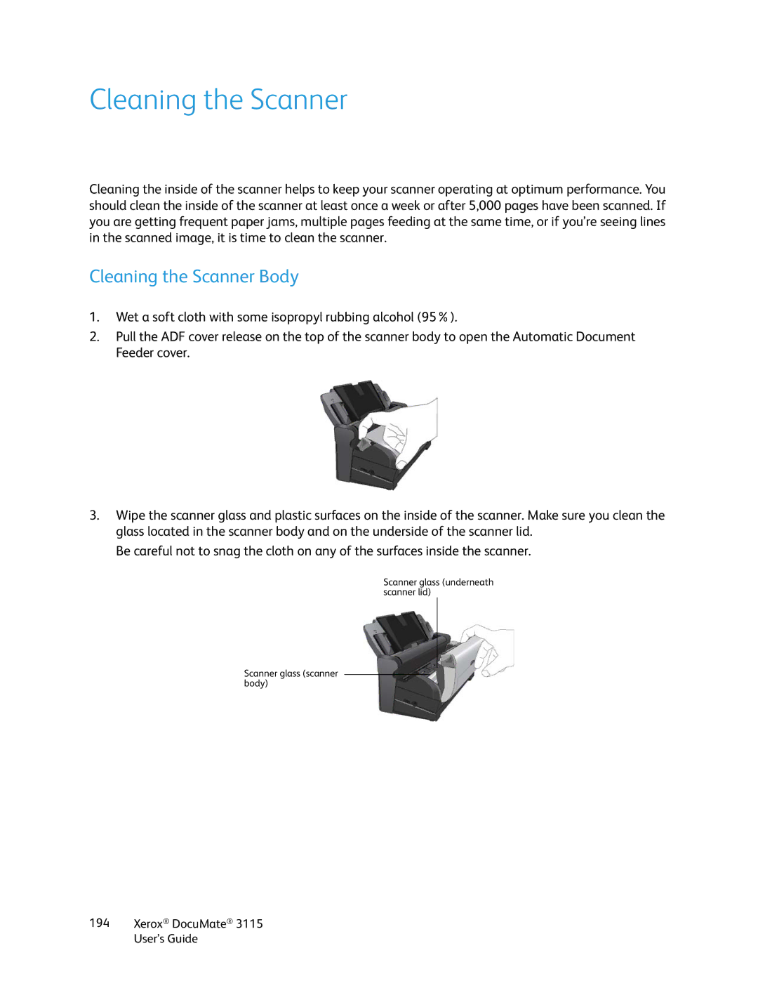 Xerox xerox documate 3115 manual Cleaning the Scanner Body 