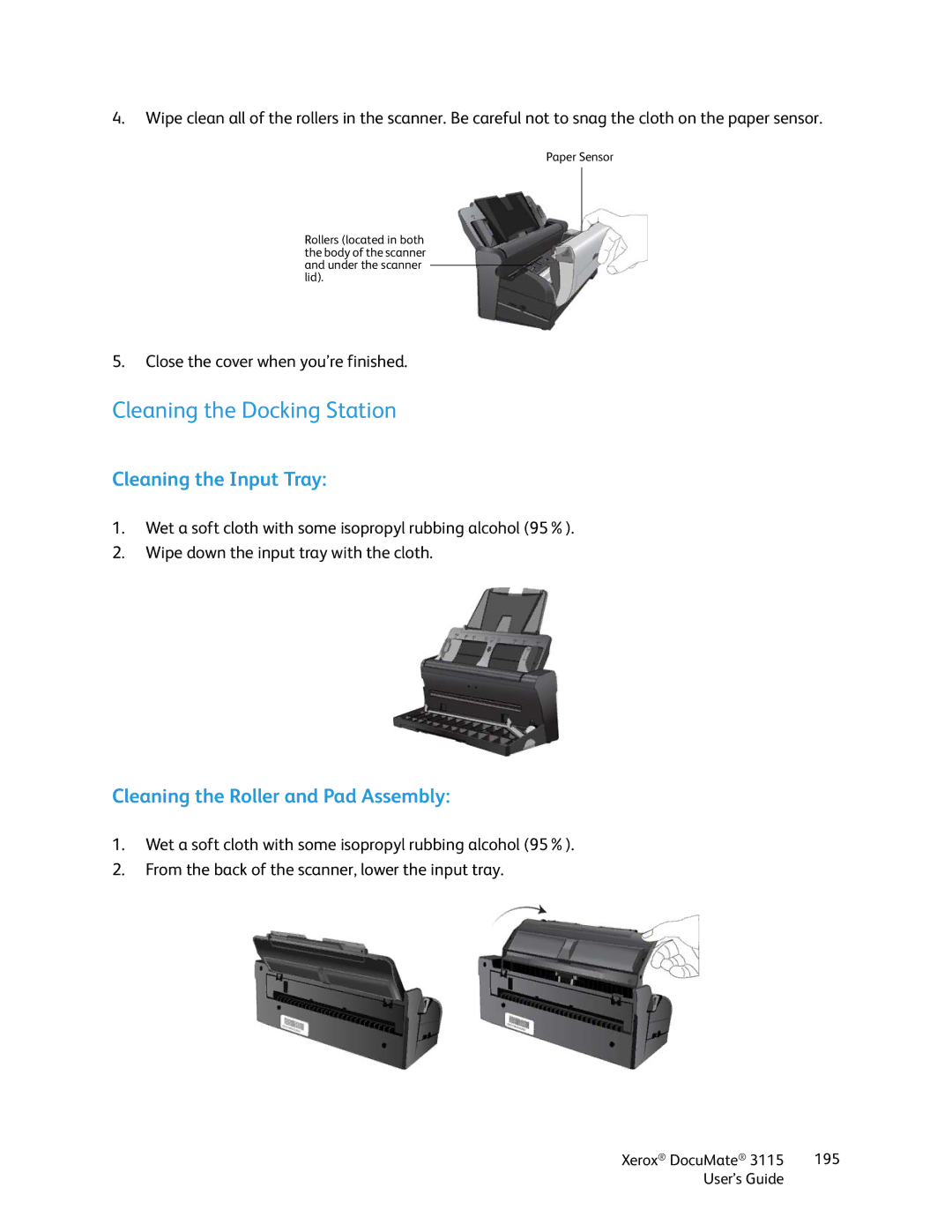 Xerox xerox documate 3115 Cleaning the Docking Station, Cleaning the Input Tray, Cleaning the Roller and Pad Assembly 