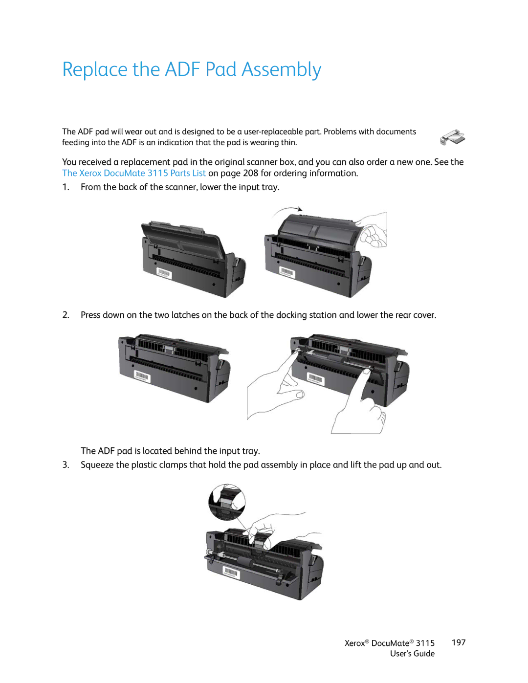 Xerox xerox documate 3115 manual Replace the ADF Pad Assembly 