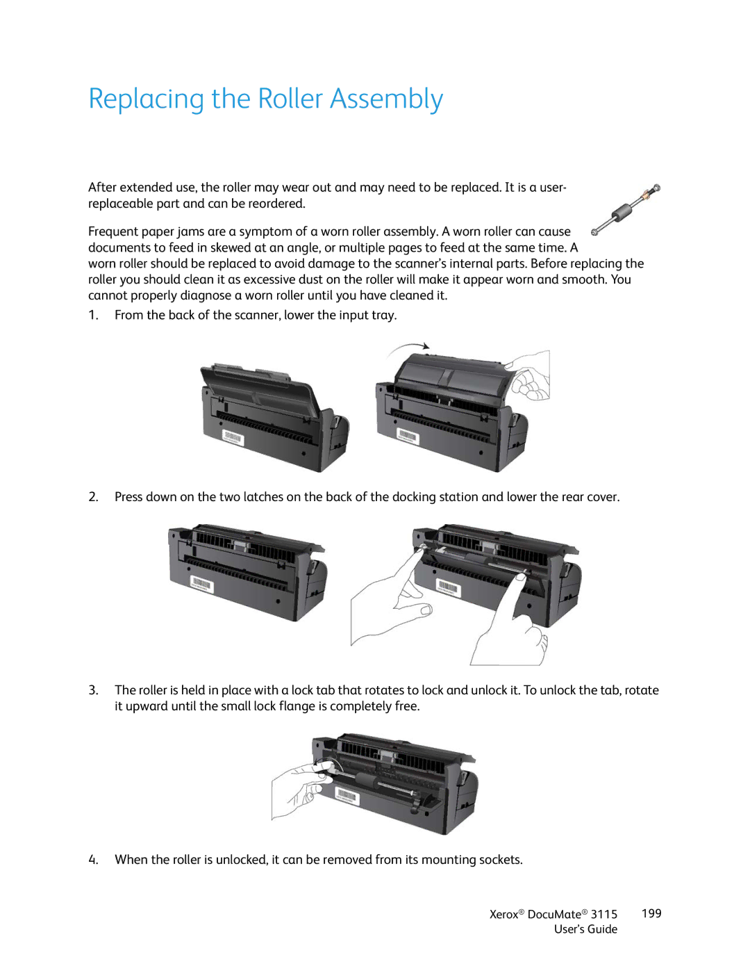 Xerox xerox documate 3115 manual Replacing the Roller Assembly 