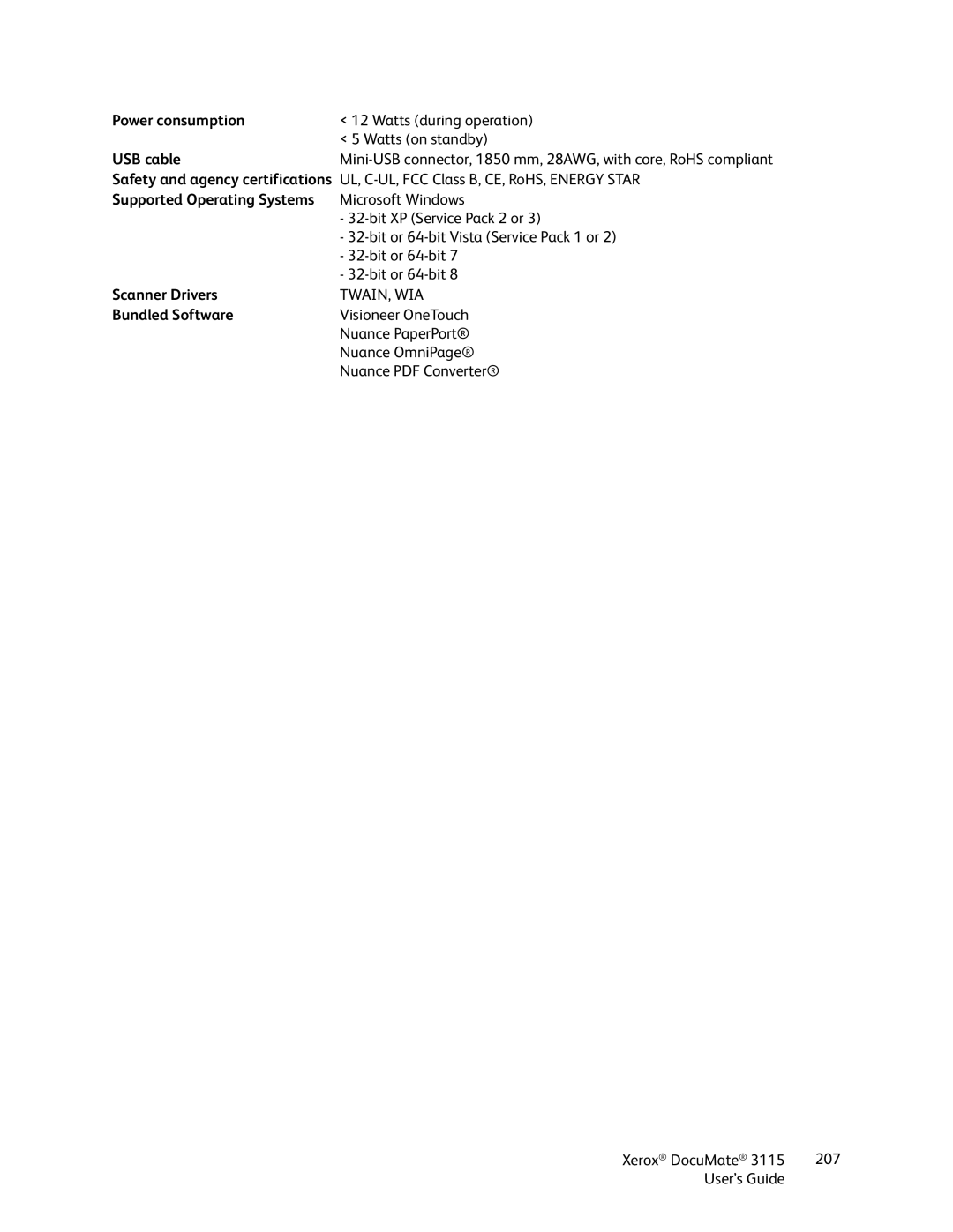 Xerox xerox documate 3115 manual Power consumption 