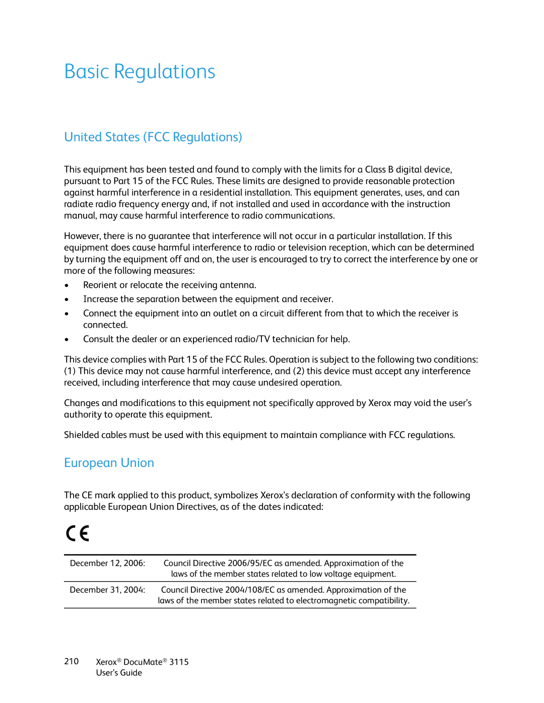 Xerox xerox documate 3115 manual Basic Regulations, United States FCC Regulations, European Union 