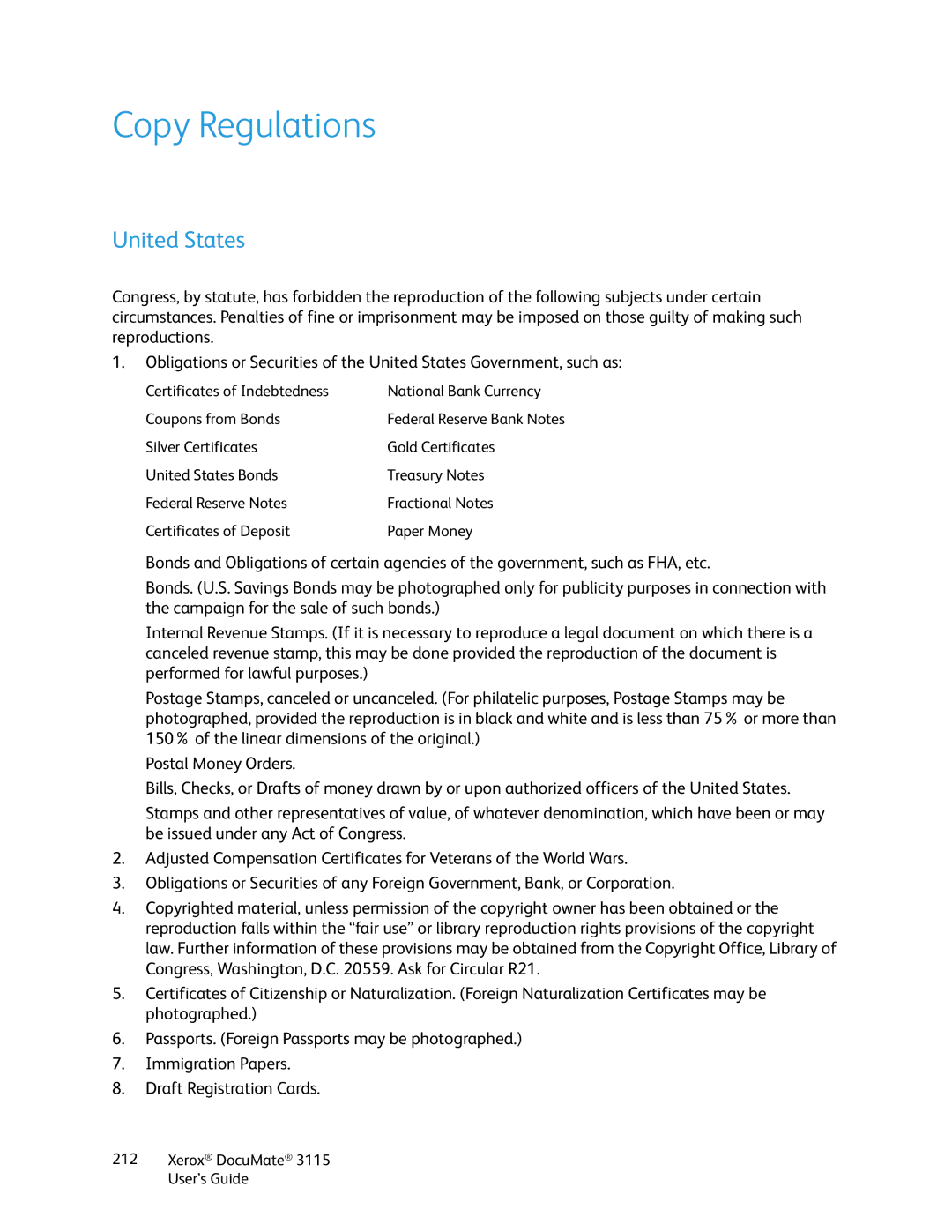 Xerox xerox documate 3115 manual Copy Regulations, United States 