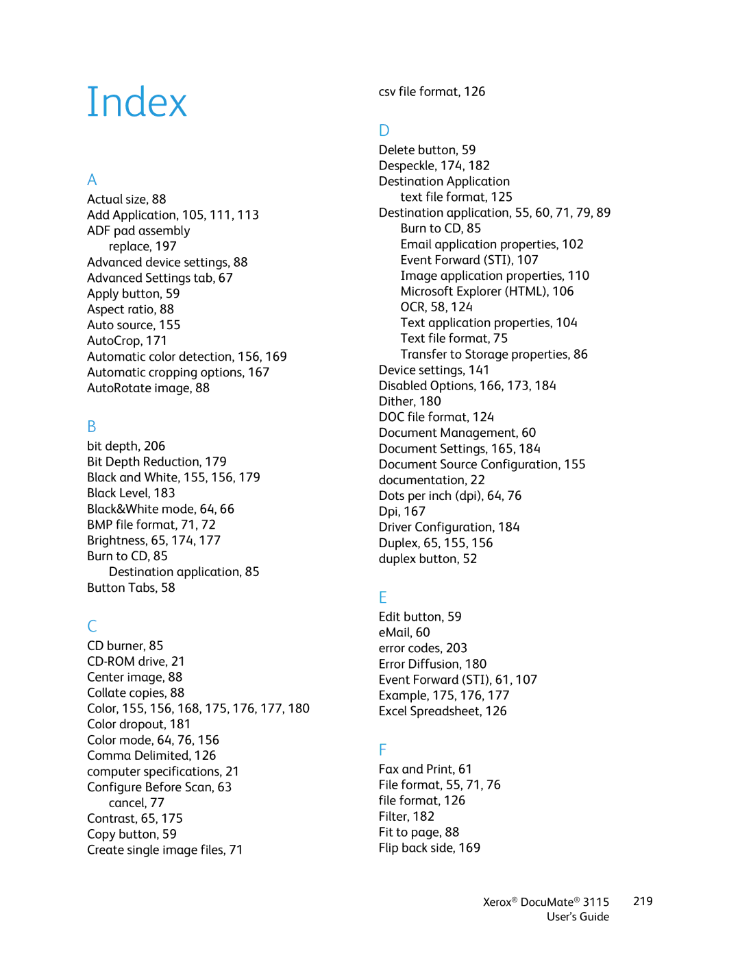 Xerox xerox documate 3115 manual Index 