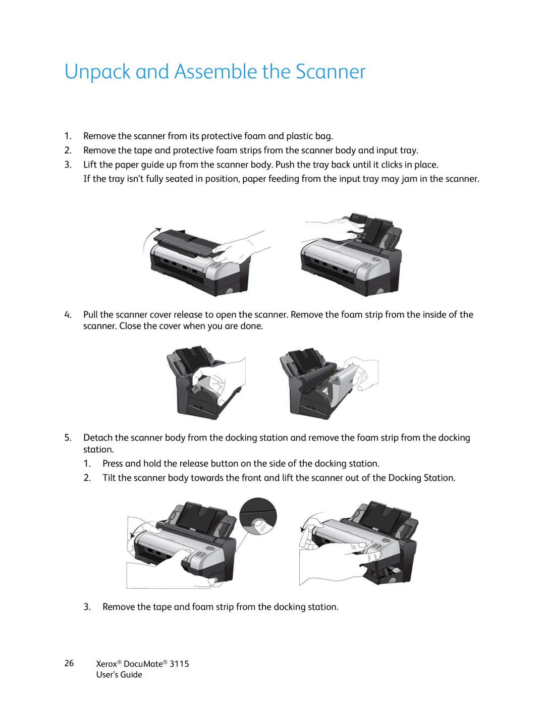 Xerox xerox documate 3115 manual Unpack and Assemble the Scanner 