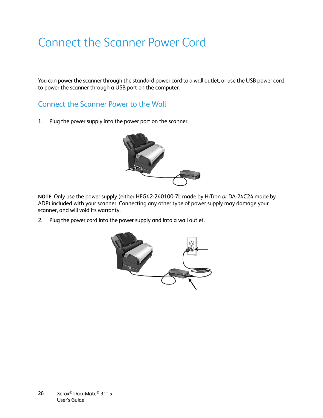 Xerox xerox documate 3115 manual Connect the Scanner Power Cord, Connect the Scanner Power to the Wall 