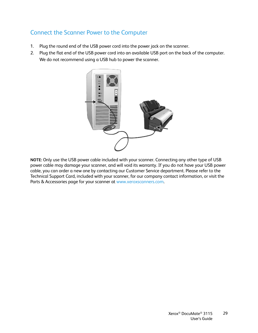 Xerox xerox documate 3115 manual Connect the Scanner Power to the Computer 