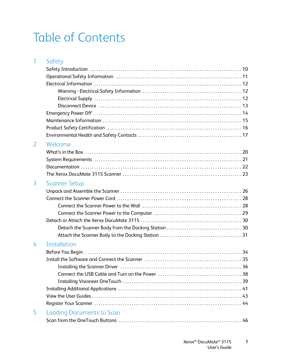 Xerox xerox documate 3115 manual Table of Contents 