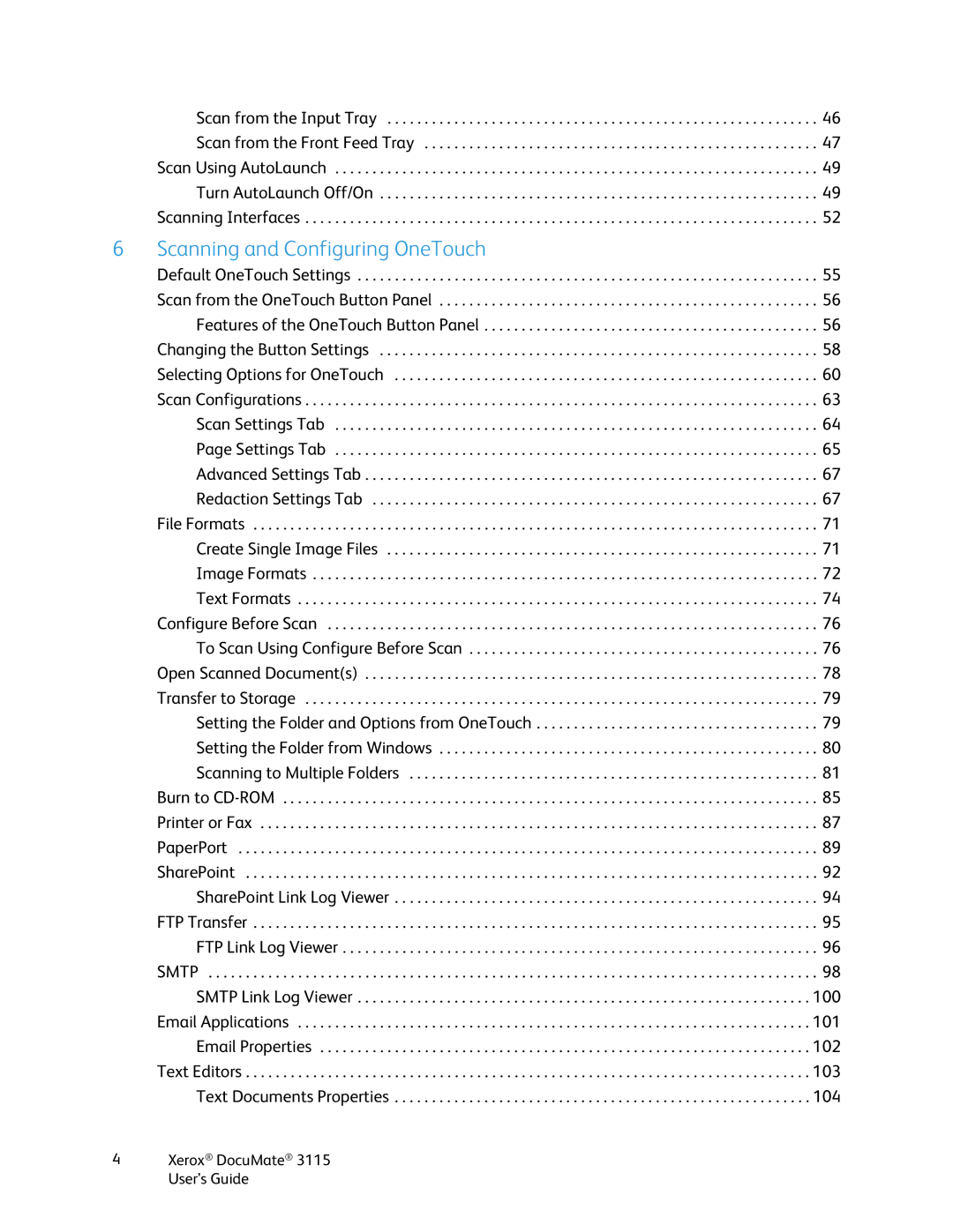 Xerox xerox documate 3115 manual Scanning and Configuring OneTouch 