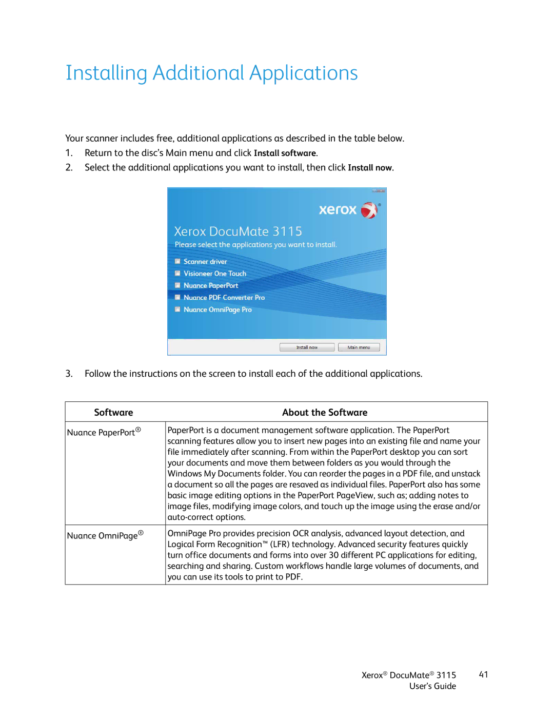 Xerox xerox documate 3115 manual Installing Additional Applications, Software About the Software 