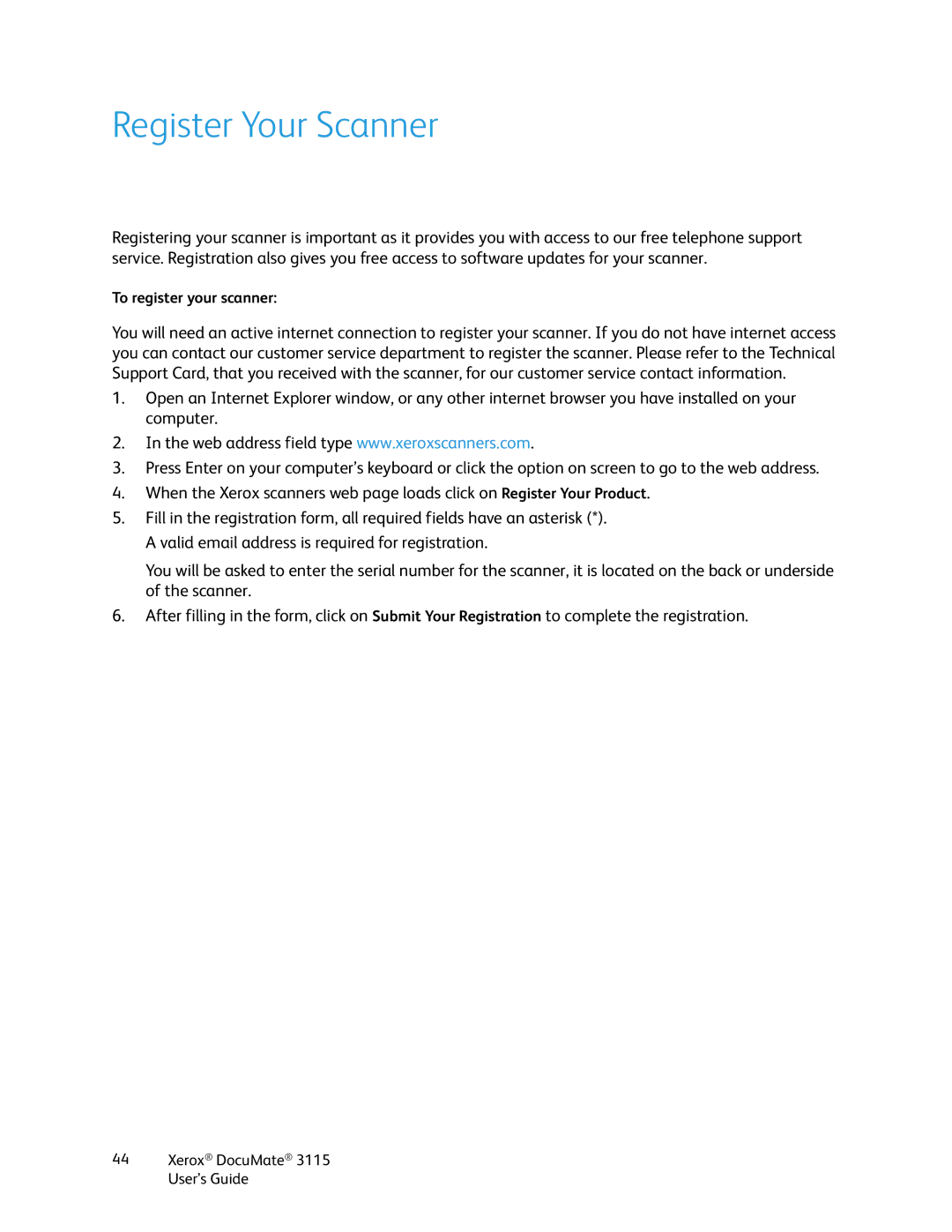 Xerox xerox documate 3115 manual Register Your Scanner, To register your scanner 