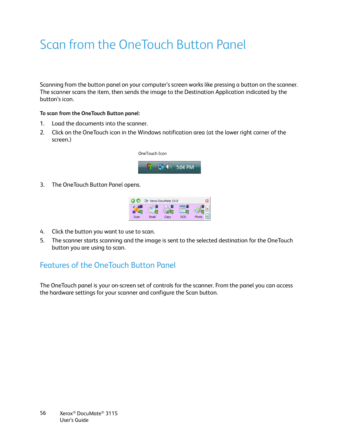 Xerox xerox documate 3115 manual Scan from the OneTouch Button Panel, Features of the OneTouch Button Panel 