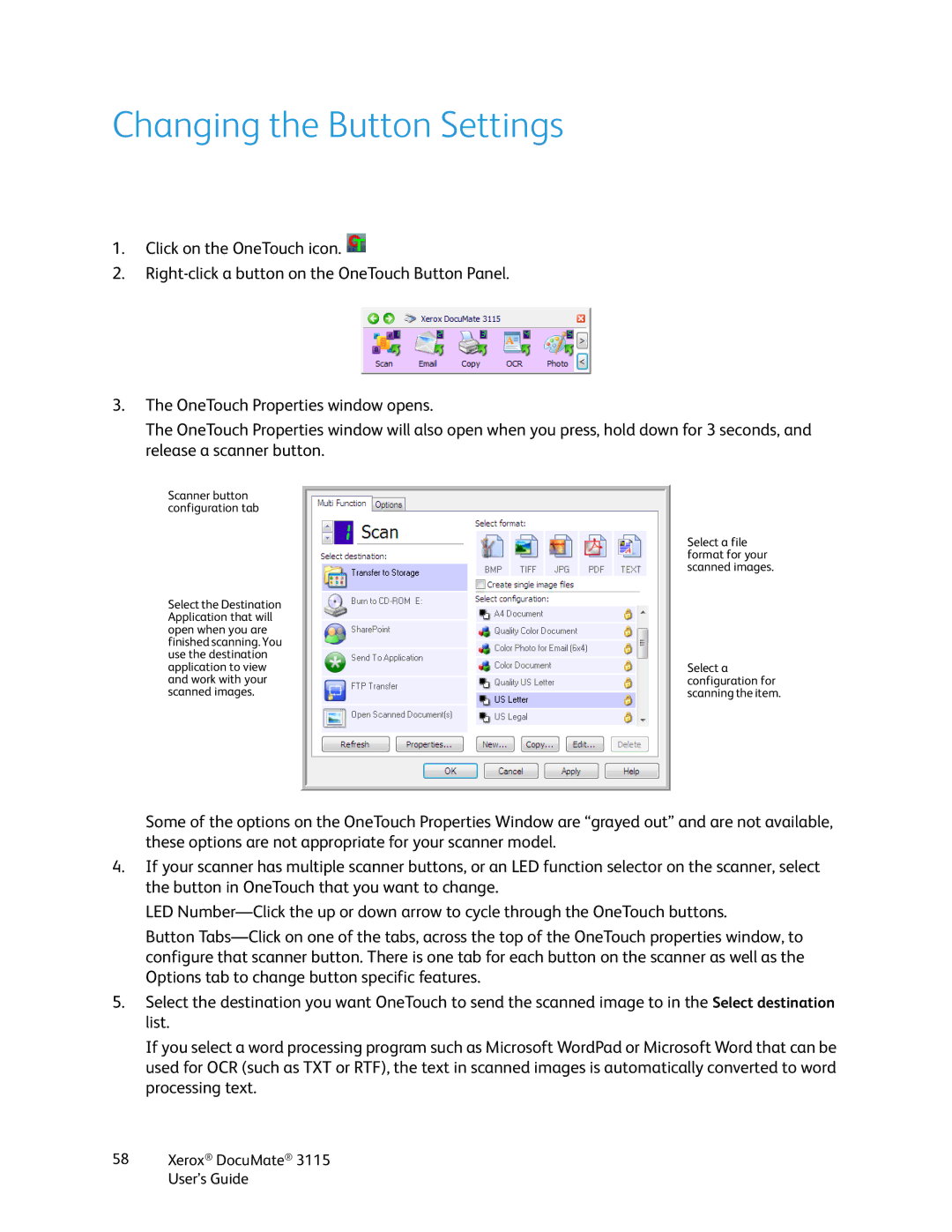 Xerox xerox documate 3115 manual Changing the Button Settings, Scanner button configuration tab 