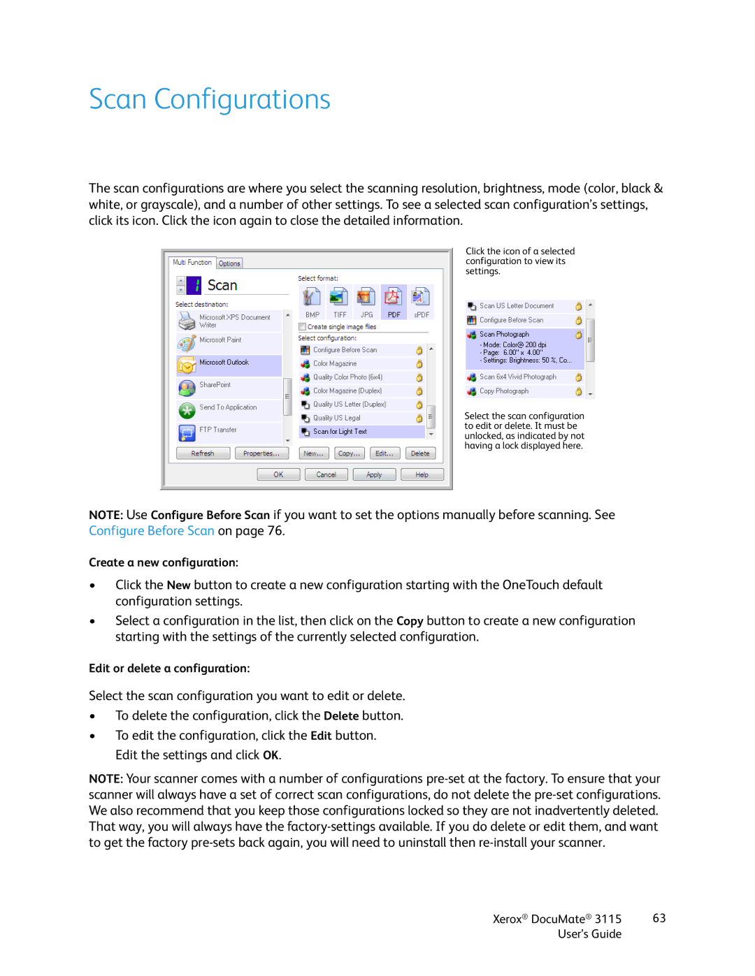 Xerox xerox documate 3115 manual Scan Configurations 