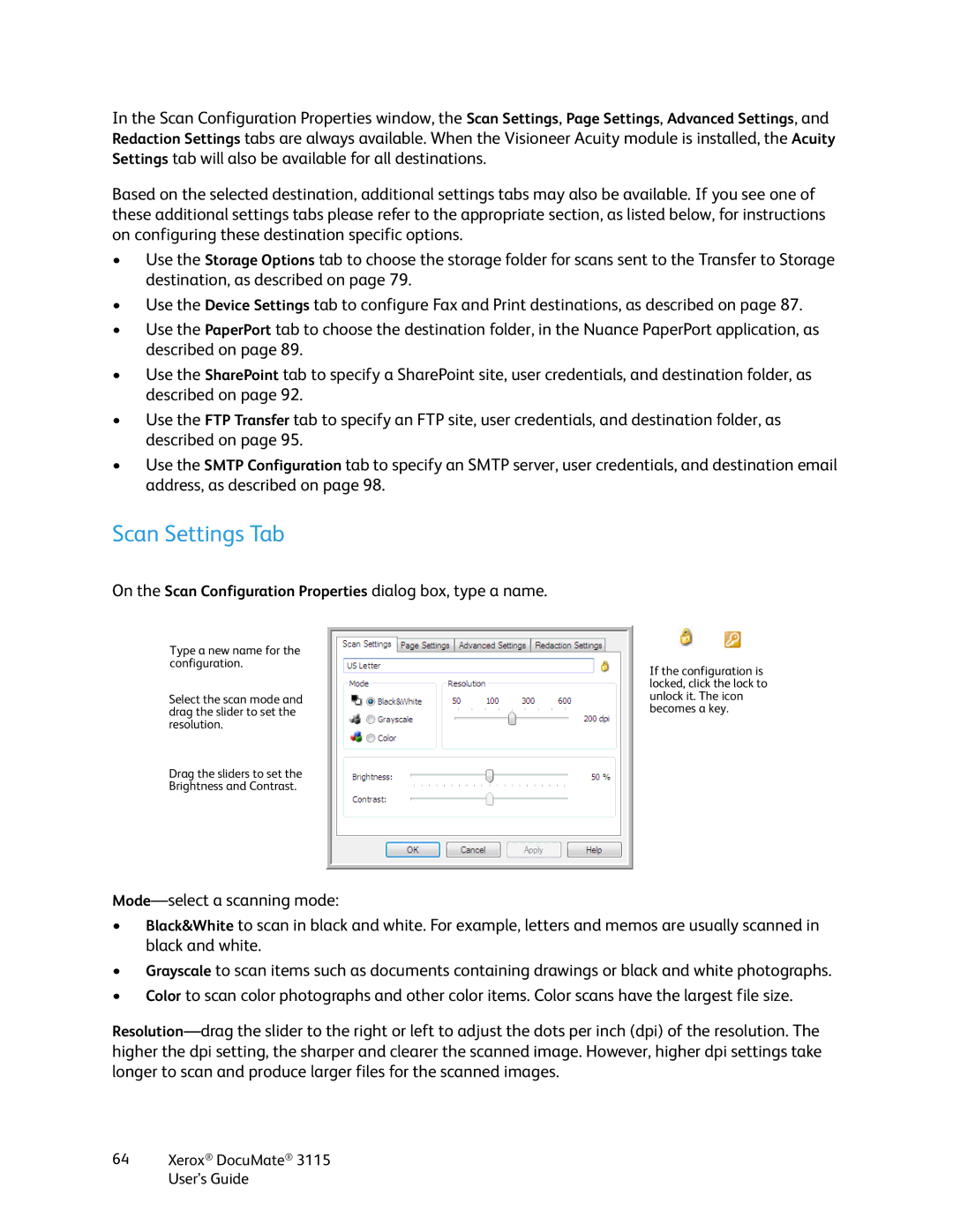 Xerox xerox documate 3115 manual Scan Settings Tab 