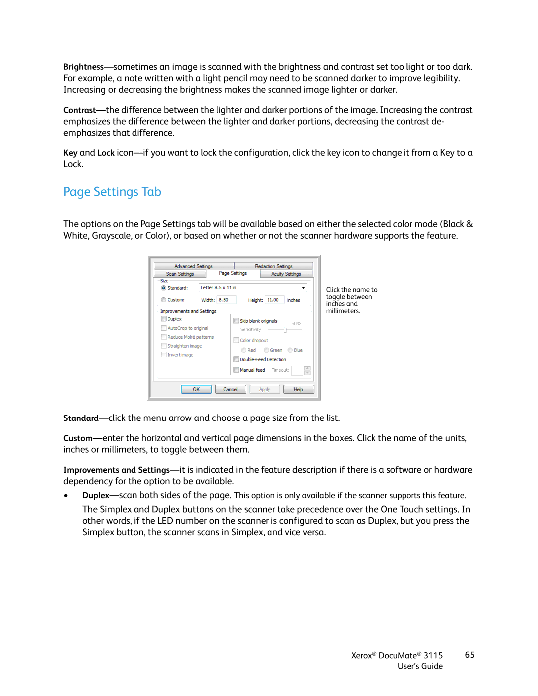 Xerox xerox documate 3115 manual Settings Tab 