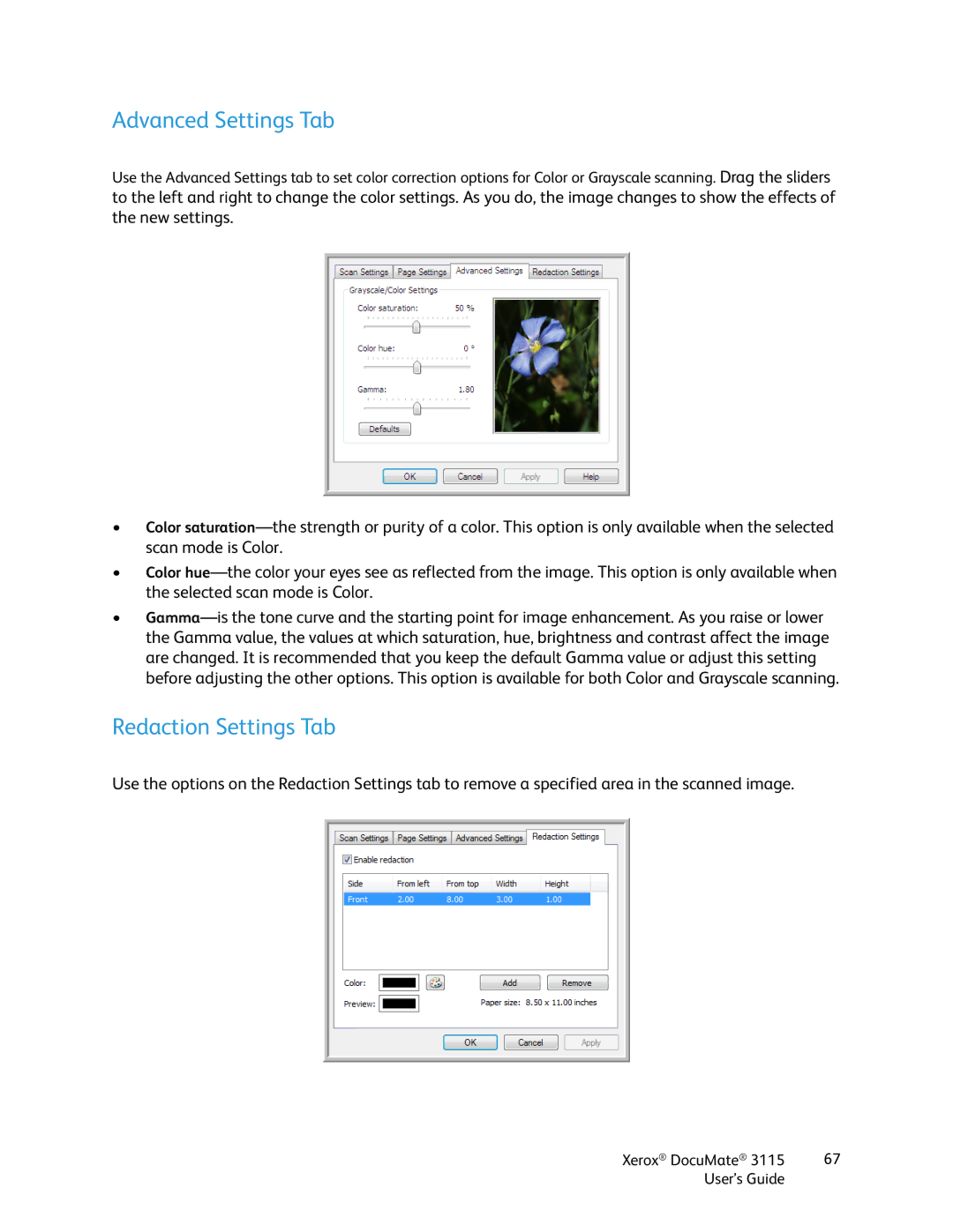 Xerox xerox documate 3115 manual Advanced Settings Tab, Redaction Settings Tab 