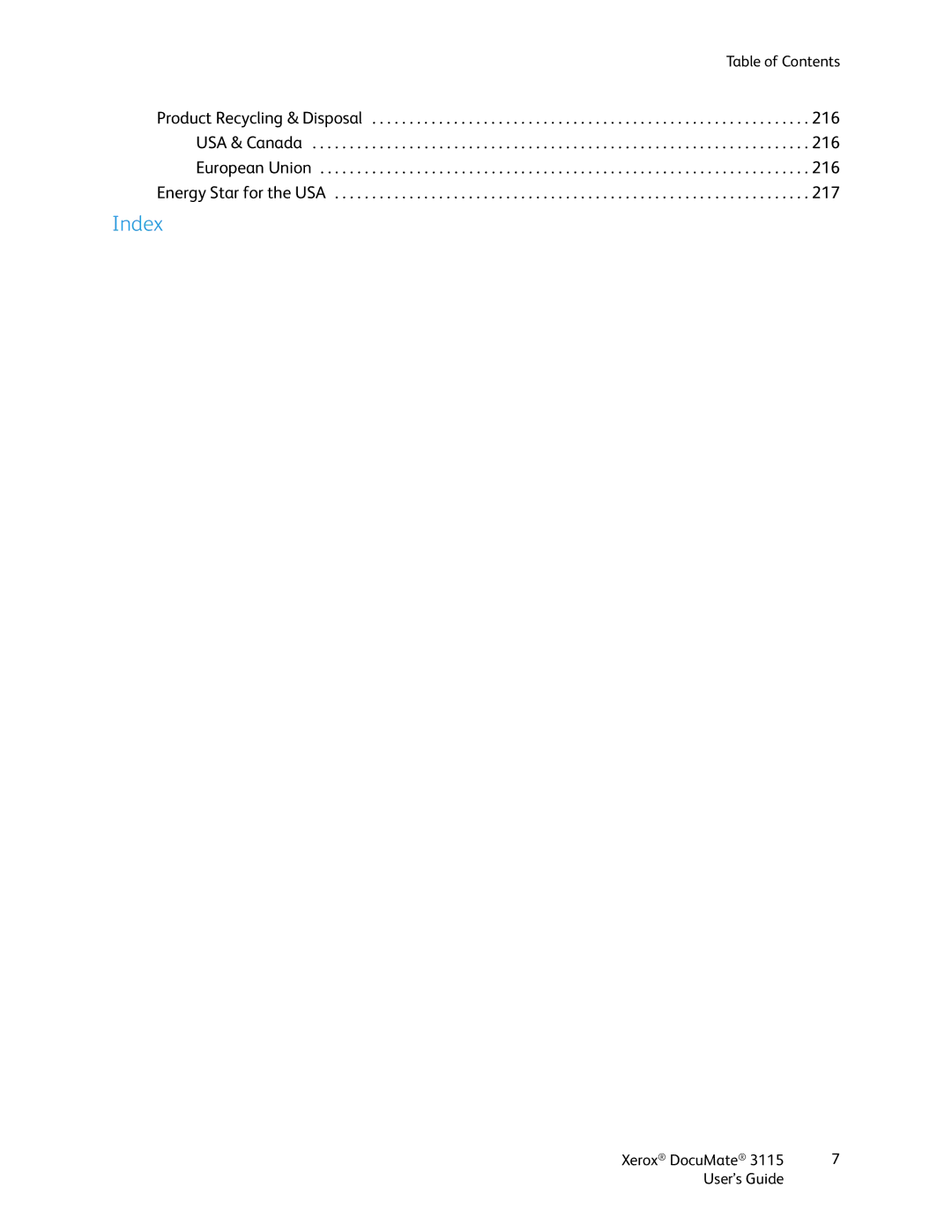 Xerox xerox documate 3115 manual Index 