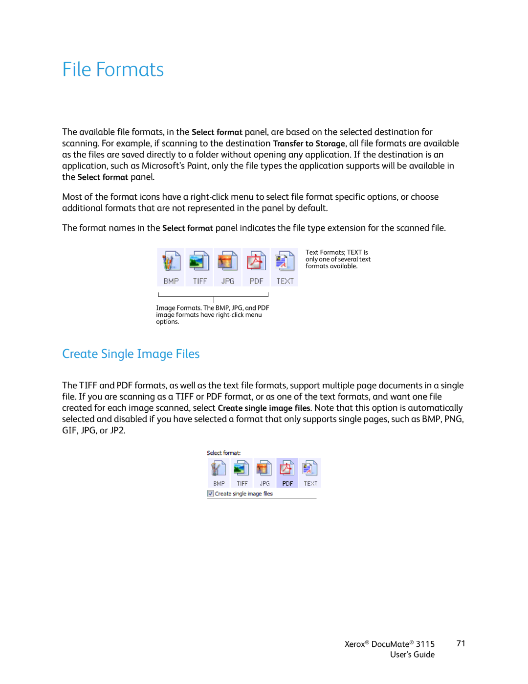 Xerox xerox documate 3115 manual File Formats, Create Single Image Files 