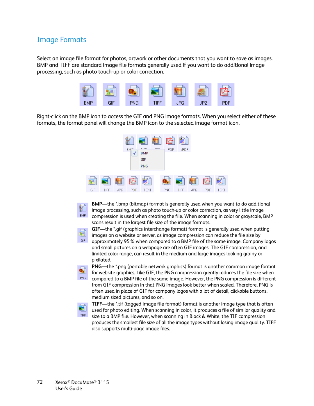 Xerox xerox documate 3115 manual Image Formats 