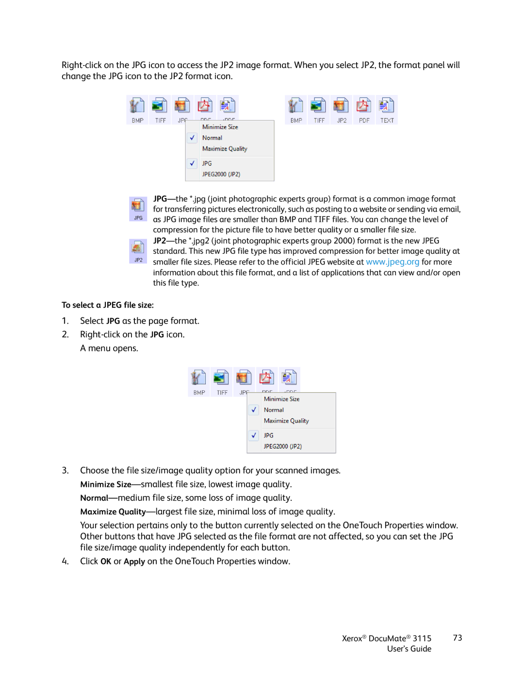 Xerox xerox documate 3115 manual To select a Jpeg file size 