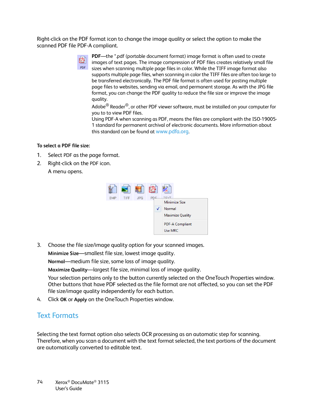 Xerox xerox documate 3115 manual Text Formats 