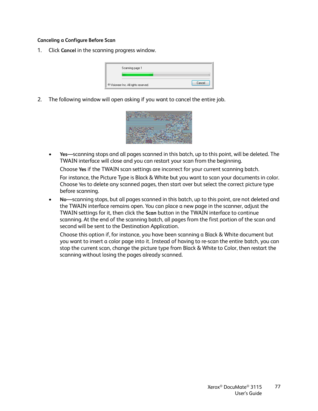 Xerox xerox documate 3115 manual Canceling a Configure Before Scan 