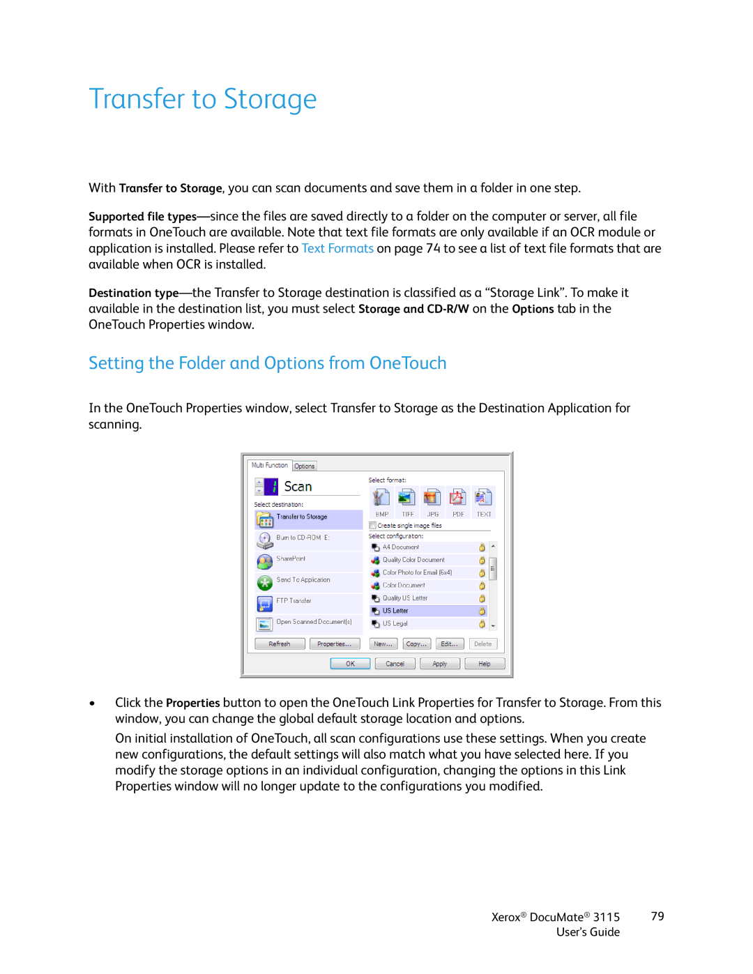 Xerox xerox documate 3115 manual Transfer to Storage, Setting the Folder and Options from OneTouch 